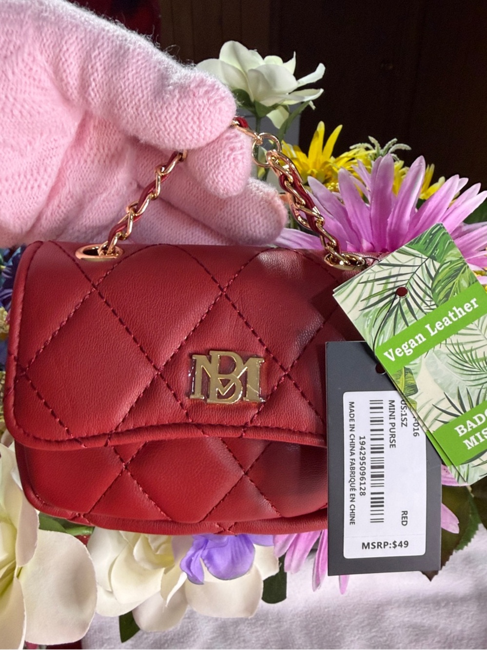 Badgley mishcka Red Quilted Vegan Leather Mini Handbag with Gold Chain